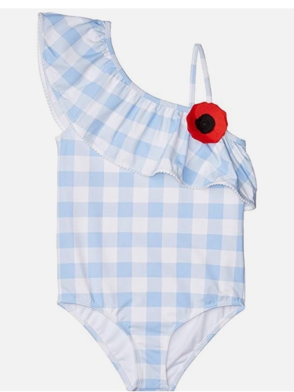 Janie and Jack Light Blue Gingham One-Shoulder Swimsuit with Red Flower